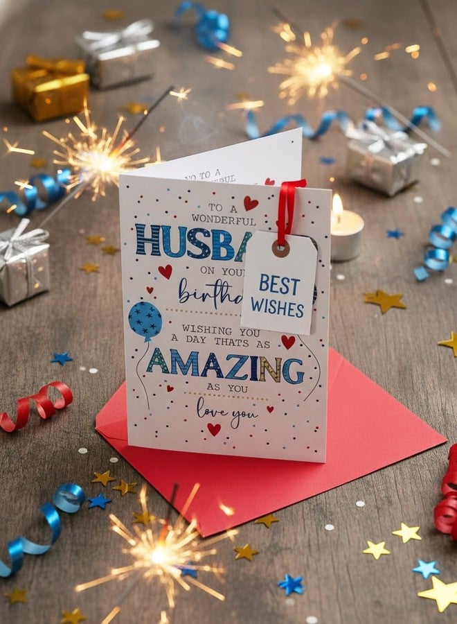 PICKKART Husband Birthday Card with Red Envelope, Blue and Gold Design, Hearts and Balloons Theme, 15 cm Width, Romantic Anniversary Greeting Card - Image 3